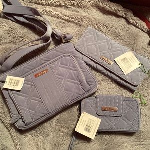 3 piece Vera Bradley set in charcoal, wristlet , trifold wallet and purse NWT